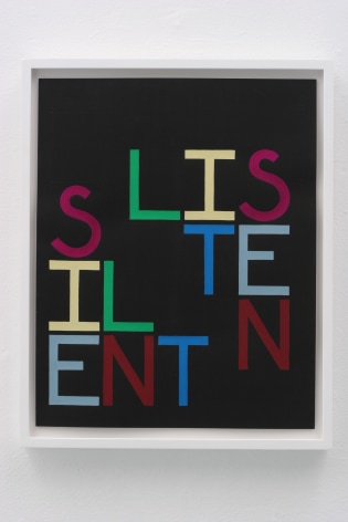 Characters spelling 'silent' and 'listen' on black background