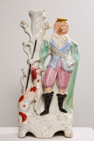 Amy Douglas painted ceramic, man standing with dog