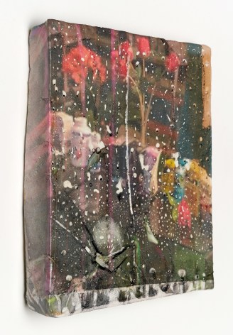 Lyric Shen blurry colorful photograph that has been water transferred onto a ceramic slab view from the side.