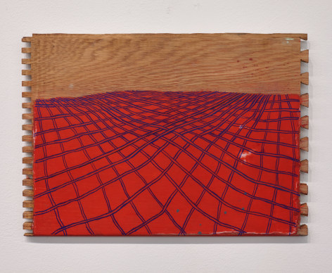 Red geometric painting on wood