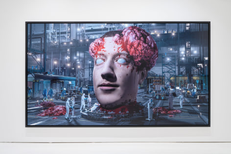 Giant Mark Zuckerberg head in a lab, his brains are exploding out of his skull