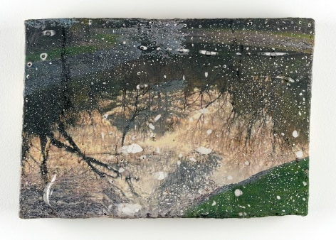 Lyric Shen photograph of tree reflections on water that has been water transferred onto a ceramic slab.