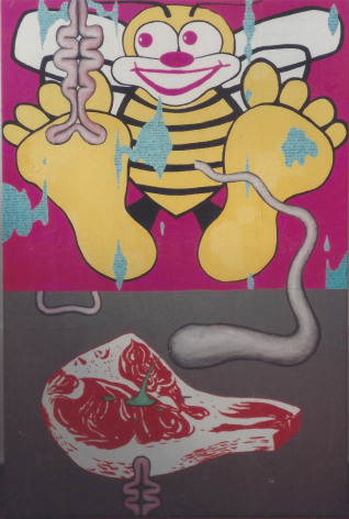 Painting of steak with cartoon bee