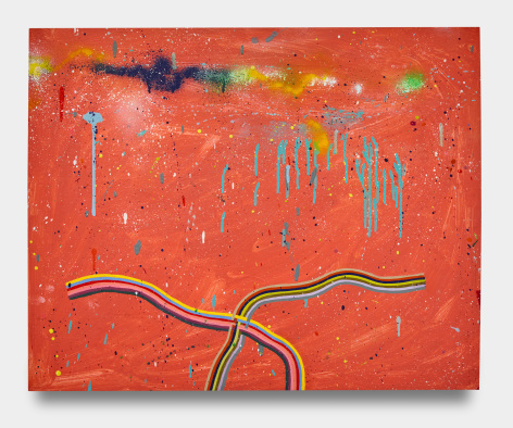 Abstract piece featuring a rainbow over a muddle red background