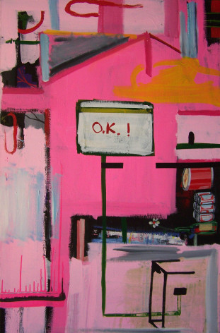 Red and pink painting, with sign reading 'ok!'