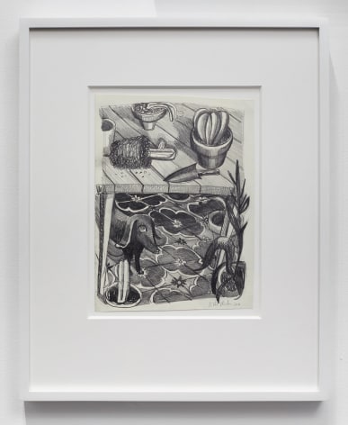Individual view of Nikki Maloof graphite work, showing dog under table