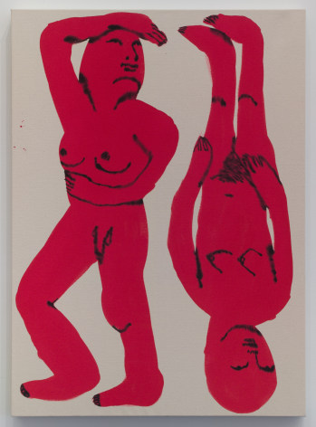 Two red figures, one upside down, on canvas