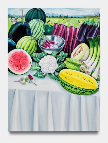 Oil painting showing a table covered in fruit, dogs playing in the background