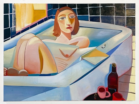 Danielle Orchard oil painting, woman in bathtub with book