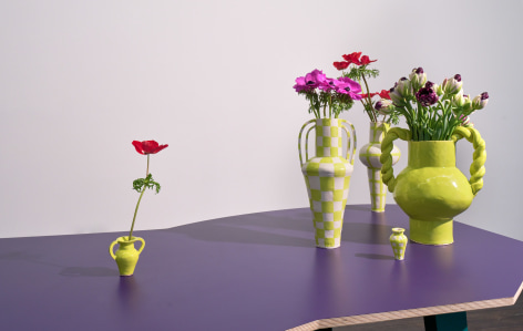 Close up of ceramic vases on table