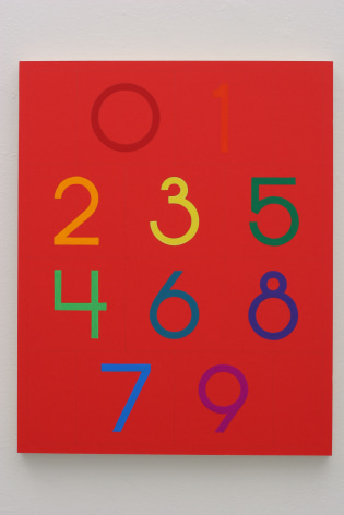 Written arabic numerals, multicolor on read background