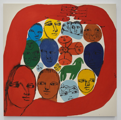 Acrylic piece showing red person forming circle around groups of people, animals