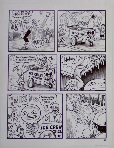 comic book panels of man kicking ice cream