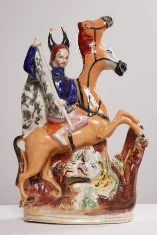 Amy Douglas painted ceramic,  figure on two headed horse