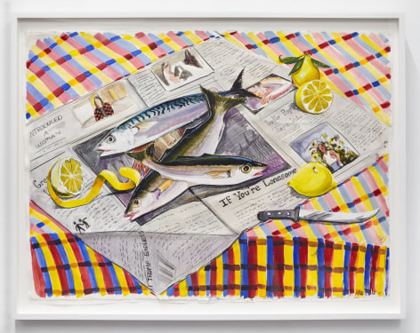 Nikki Maloof piece showing fish on table covered in newspaper