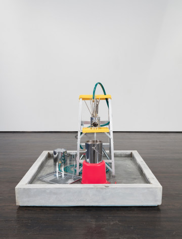 'Fountain (this is how it goes) #1,'&nbsp;2016, edition of 3  Paint cans, brushes, ladder, hose, power cord, running water, concrete  Concrete base: 50 x 50 x 8 inches  Overall: 50 x 50 x 40.5 inches
