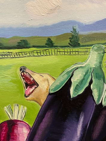 Close up of painting showing dog barking
