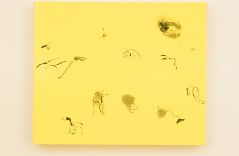 Abstract painting on yellow background showing people and animal parts