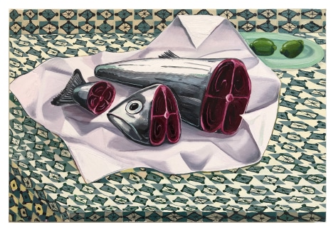 Nikki Maloof oil painting, fish cut up into thirds on picnic table