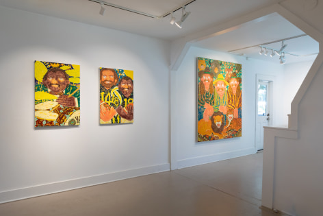 Gallery view of three paintings, showing drummer, athletes, and animals.