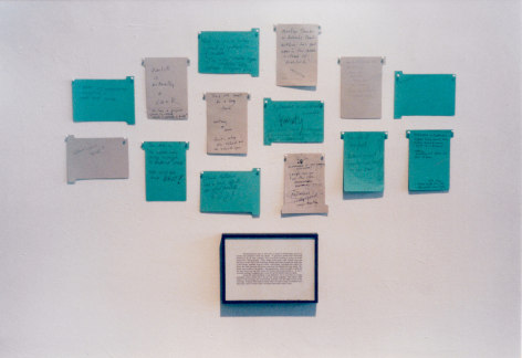 Framed notes on gallery wall