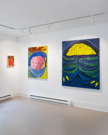 Gallery view of three paintings, mix of human and plants.
