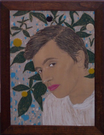Person looking towards viewer, painting, floral background