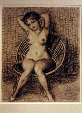 John Currin, nude drawing of woman reclining in a chair