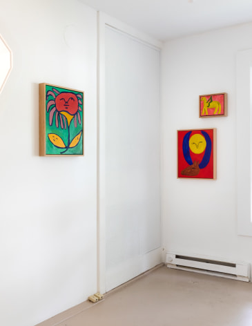 Gallery view of three small paintings, showing humans, plants, and animals