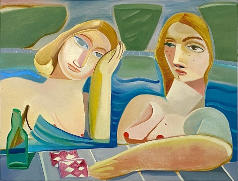 Oil painting showing two women in a pool with playing cards