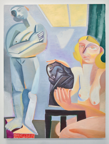 Oil painting  of woman sculpting next to statue
