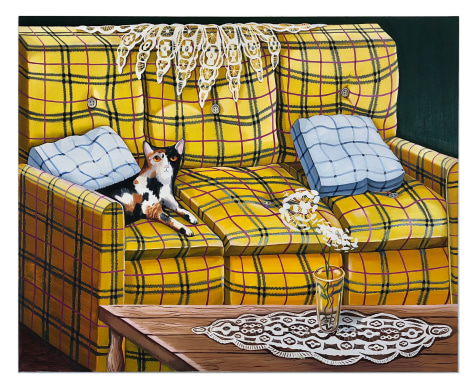 Nikki Maloof&nbsp;oil painting, showing cat laying on yellow couch