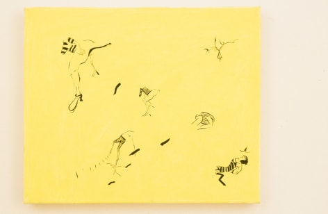 Abstract painting on yellow background showing people and animal legs