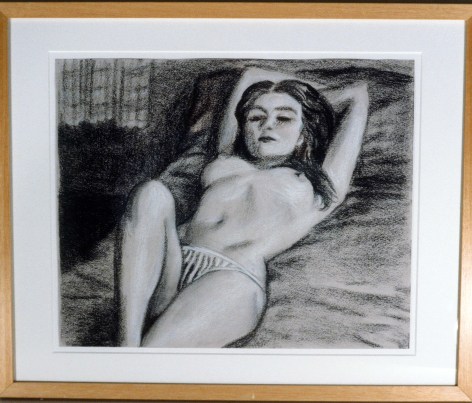 John Currin, nude drawing of woman reclining in bed