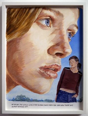 Closeup of woman's face, with woman leaning against frame