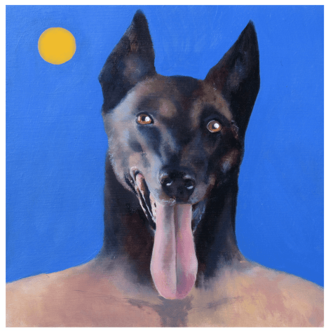 Small oil painting showing the top of a human body with a dog head, blue background