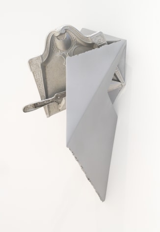 Silent Waiter (2022) welded aluminum plate, aluminum Art Deco crumb catcher 18 x 8 x 9 inches