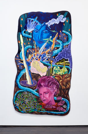 Multicolor acrylic work on shaped board featuring women and space imagery
