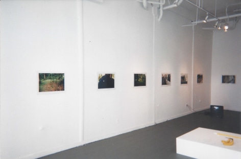 Installation view of photos with TV on gallery floor