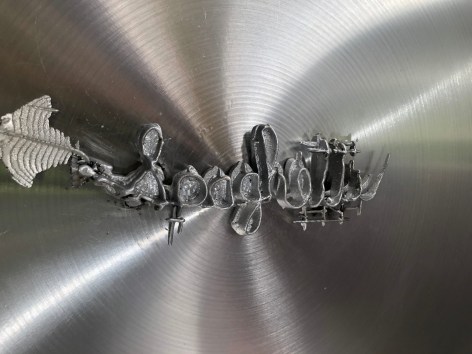 Spaghettification,&nbsp;2021 welded aluminum plate, aluminum stockpot, cast aluminum text