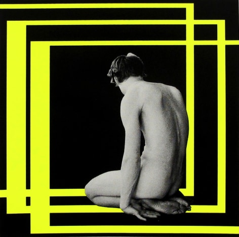 Nude man kneeling, surrounded by yellow squares