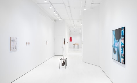 Installation view of the Contemporary Fossil Record Exhibition at the Jack Hanley Gallery. Long shot down hallway.