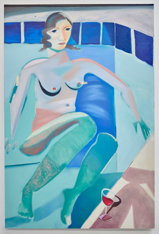 Oil painting of woman in pool with wine