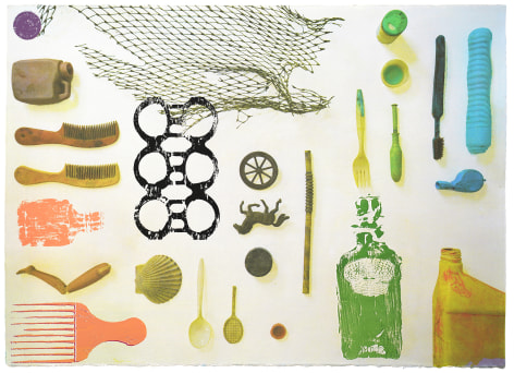 Marie Lorenz piece, showing an assortment of shapes and items on white background