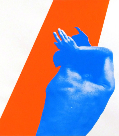 Oblique image of blue dancer in front of red stripe