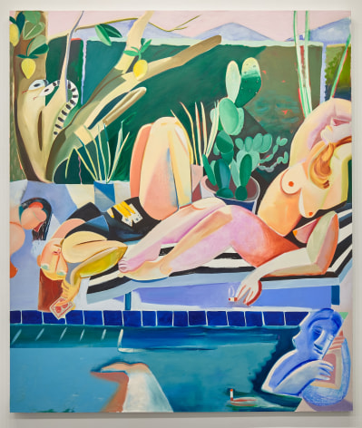 Oil painting of women lounging around pool