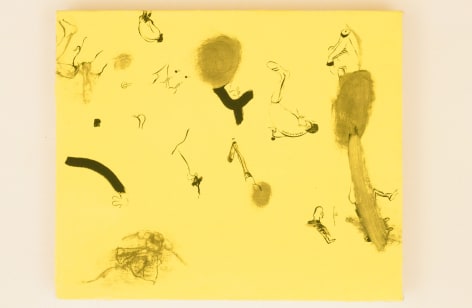 Abstract Painting on yellow background showing various people and animal parts