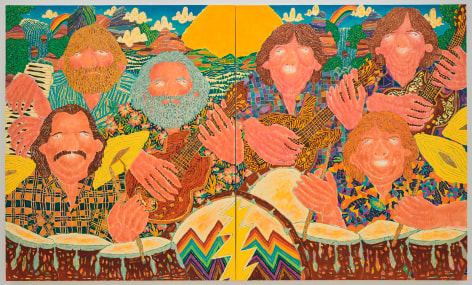 Large diptych of musicians playing guitar, drums, and keyboard