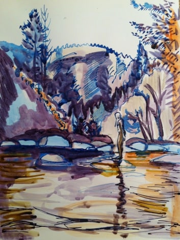 Yellow and blue watercolor, woman standing in creek