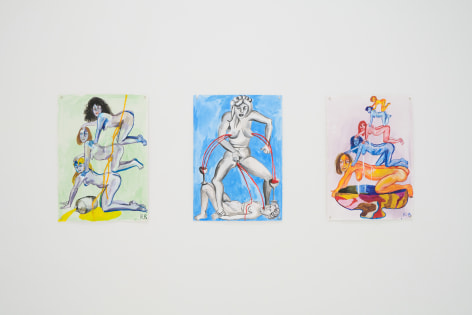 three watercolor drawings of women and fluid